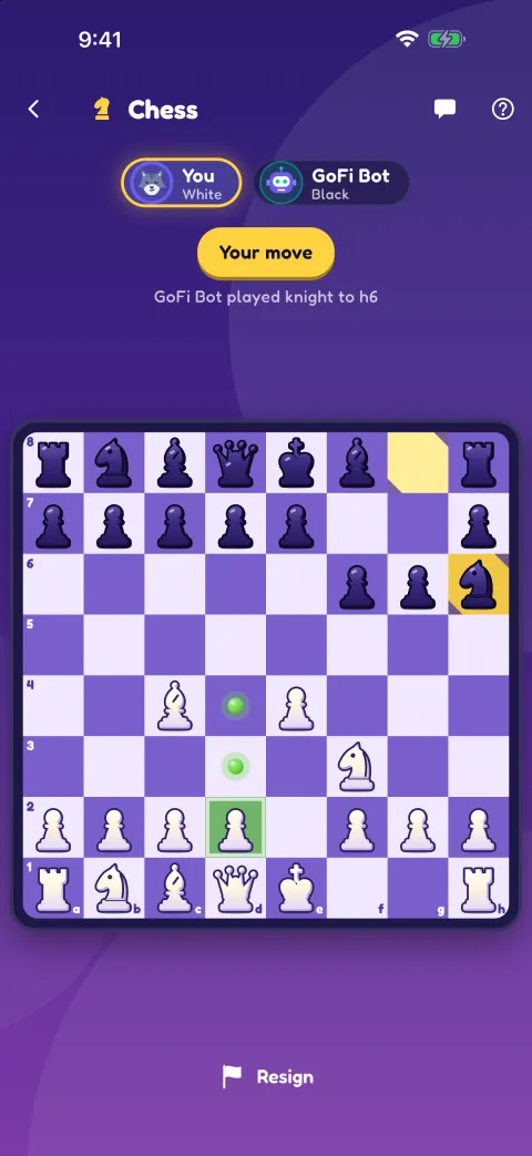 Chess against GoFi Bot, your move as White after the bot played knight to h6