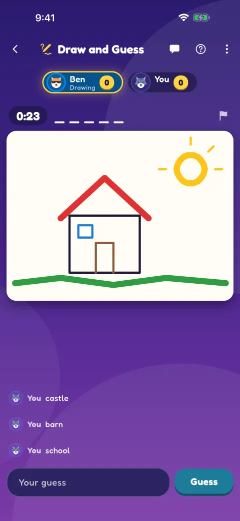 Draw and Guess: Ben's drawing of a house in the sun, five blanks for the word, 23 seconds left and three wrong guesses