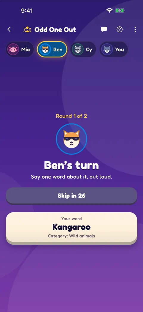 Odd One Out with Mia, Ben, Cy and you: Ben's turn to say one word out loud, and your card showing the word Kangaroo in the category Wild animals