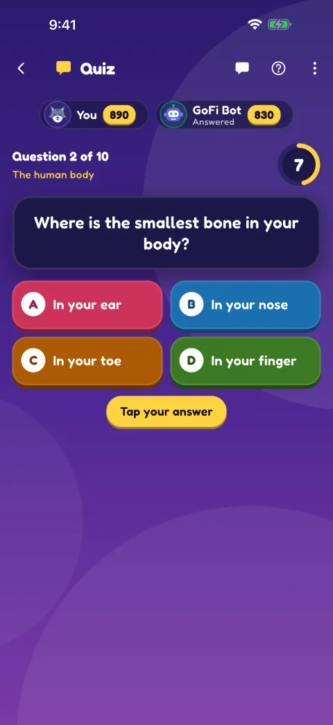 A quiz question against GoFi Bot asking where the smallest bone in your body is, with four answers and 7 seconds left